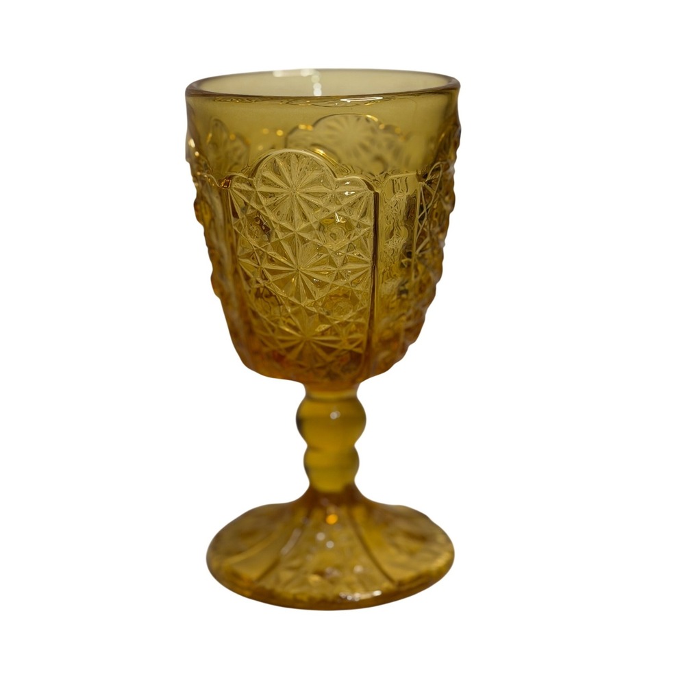 VTG Tiara Indiana Glass Amber Daisy and Button Water Goblet Stemware Chalice